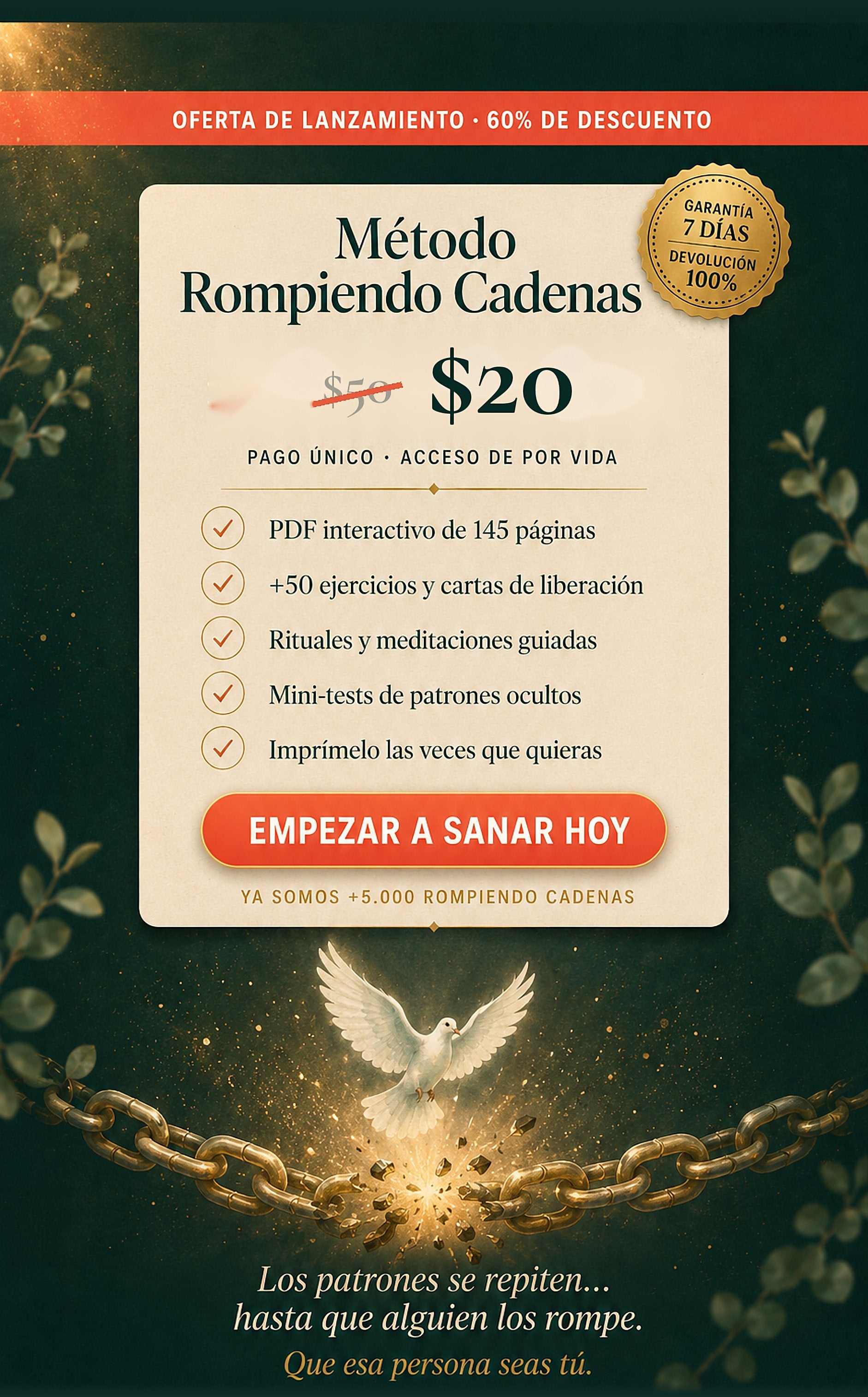 Oferta de lanzamiento: $20 pago único con garantía de 7 días
