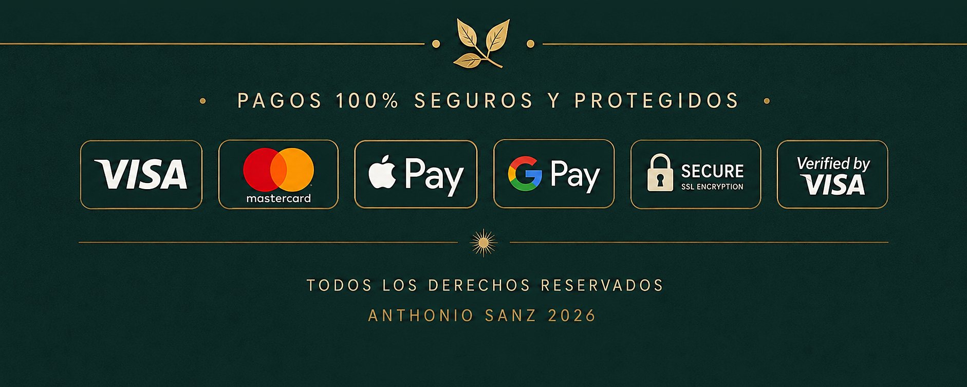 Pagos 100% seguros y protegidos: Visa, Mastercard, Apple Pay y Google Pay con cifrado SSL — Todos los derechos reservados, Anthonio Sanz 2026